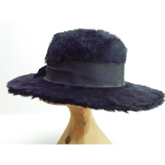 Vintage Black Edwardian Angora Fur Hat with Ribbon Bow Merrimac main image 4